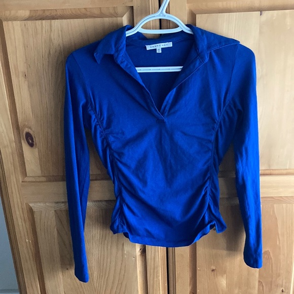 Blue Collared Long Sleeve Tee with Ruched Sides - Picture 1 of 5